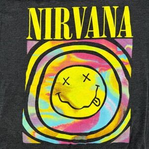 Nirvana Smiley Face Tie-Dye Graphic T-Shirt Women's L Charcoal Gray Band‎ Tee